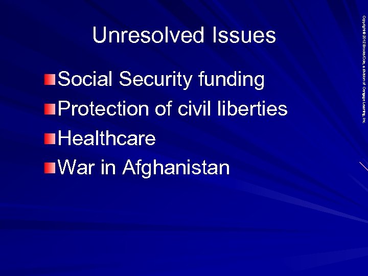 Social Security funding Protection of civil liberties Healthcare War in Afghanistan Copyright © 2012
