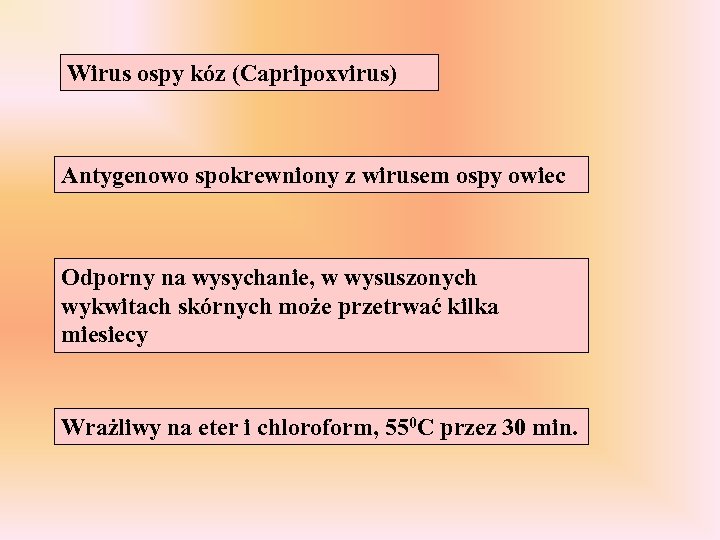Wirus ospy kóz (Capripoxvirus) Antygenowo spokrewniony z wirusem ospy owiec Odporny na wysychanie, w