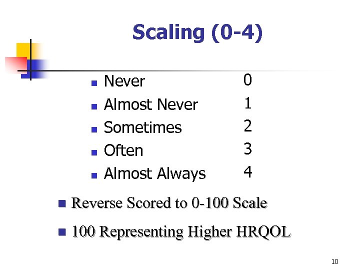 Scaling (0 -4) n n n 0 Never 1 Almost Never 2 Sometimes 3