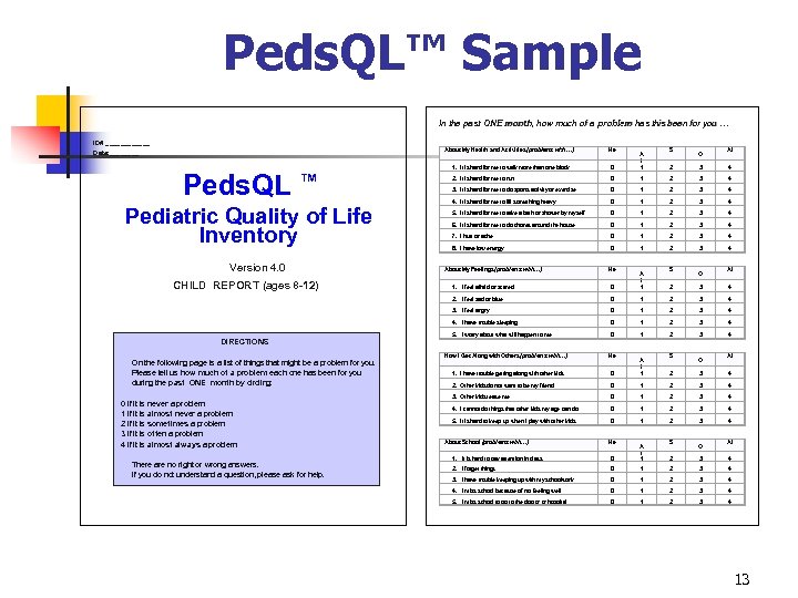 Peds. QL™ Sample In the past ONE month, how much of a problem has