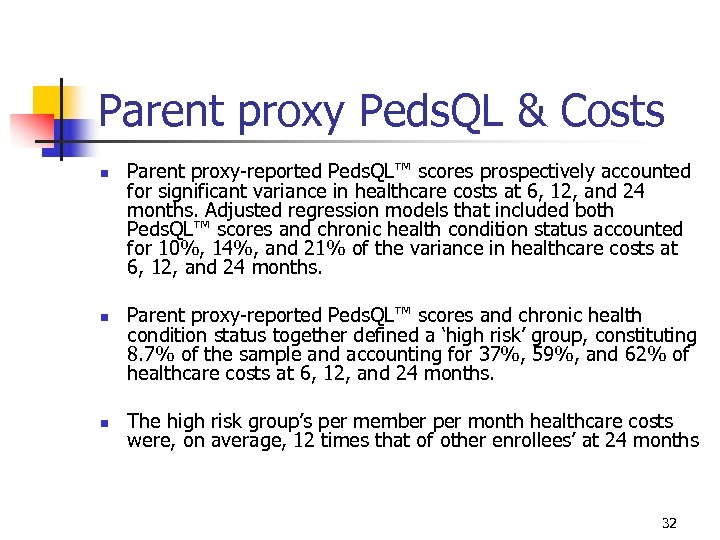 Parent proxy Peds. QL & Costs n n n Parent proxy-reported Peds. QL™ scores