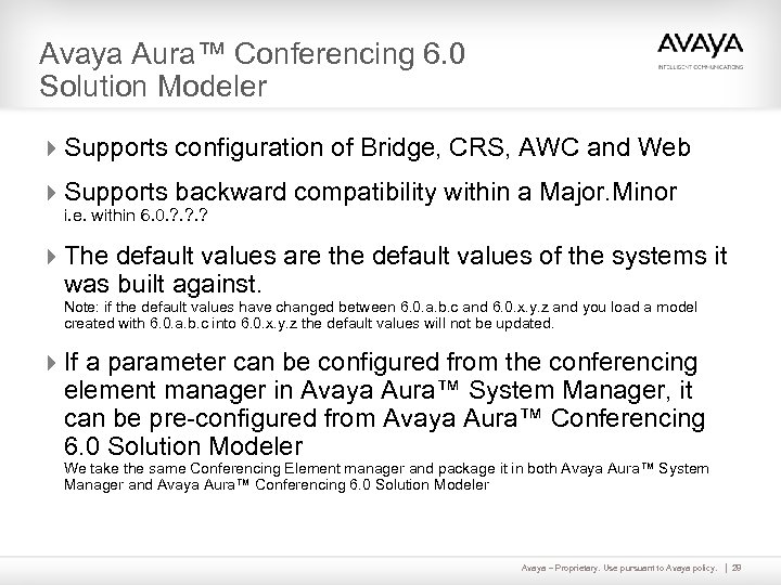 Avaya Aura™ Conferencing 6. 0 Solution Modeler 4 Supports configuration of Bridge, CRS, AWC