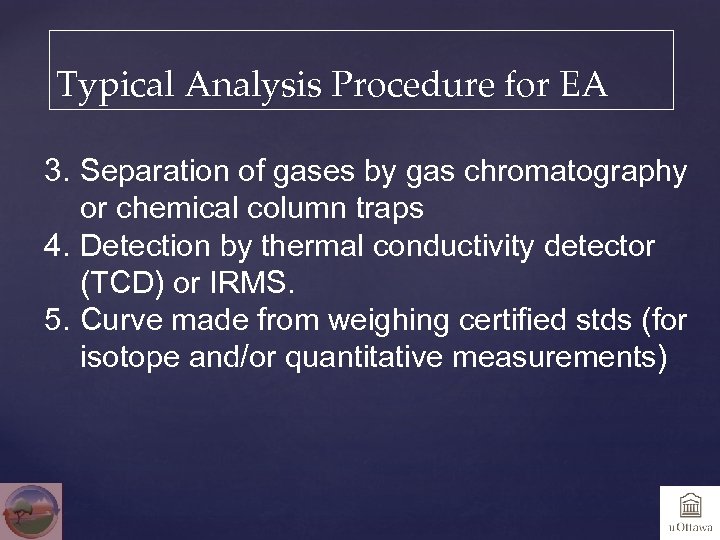 Typical Analysis Procedure for EA 3. Separation of gases by gas chromatography or chemical