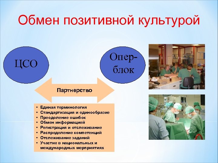 Обмен позитивной культурой Оперблок ЦСО Партнерство • • Единая терминология Стандартизация и единообразие Преодоление