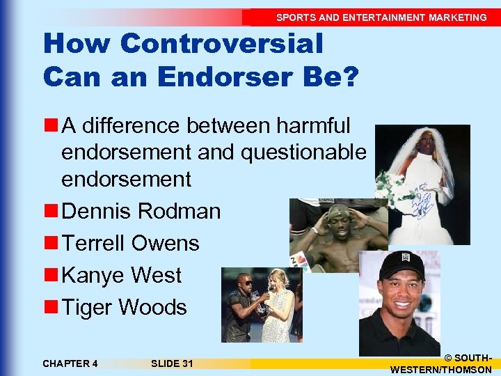 SPORTS AND ENTERTAINMENT MARKETING How Controversial Can an Endorser Be? n A difference between