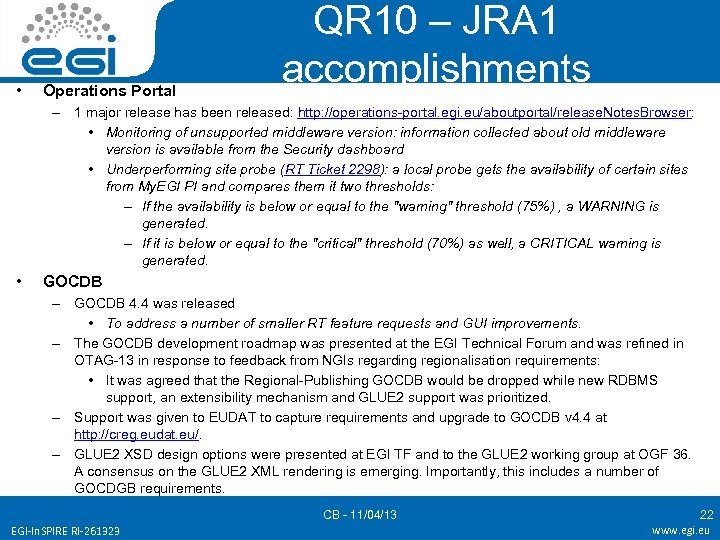  • Operations Portal QR 10 – JRA 1 accomplishments – 1 major release