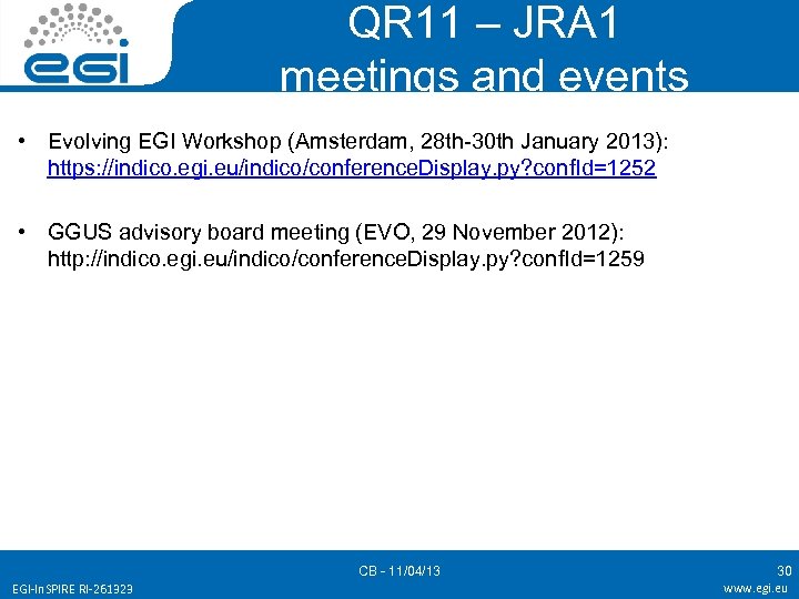 QR 11 – JRA 1 meetings and events • Evolving EGI Workshop (Amsterdam, 28