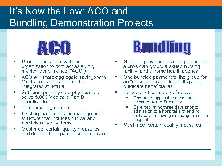 It’s Now the Law: ACO and Bundling Demonstration Projects § § § Group of