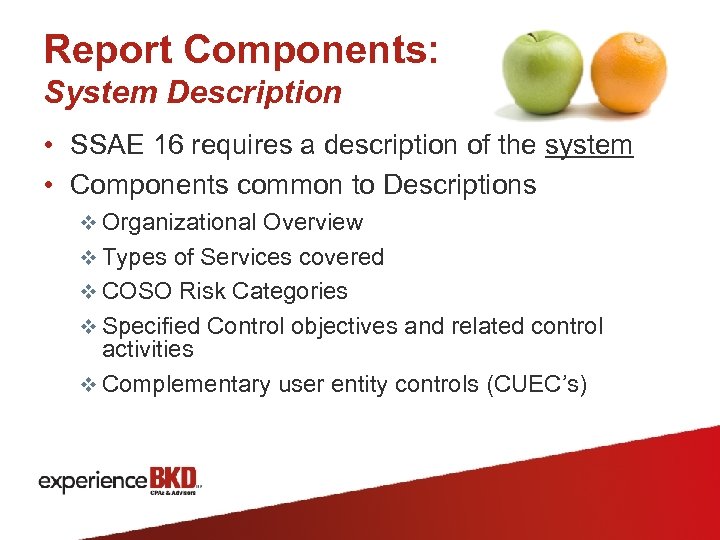 Report Components: System Description • SSAE 16 requires a description of the system •