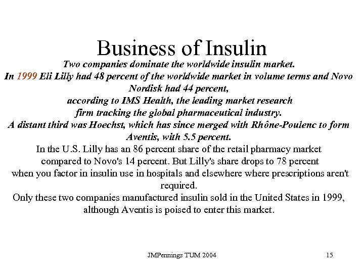 Business of Insulin Two companies dominate the worldwide insulin market. In 1999 Eli Lilly