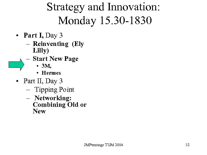 Strategy and Innovation: Monday 15. 30 -1830 • Part I, Day 3 – Reinventing