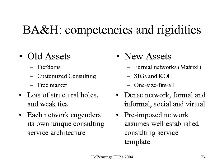 BA&H: competencies and rigidities • Old Assets • New Assets – Fiefdoms – Customized