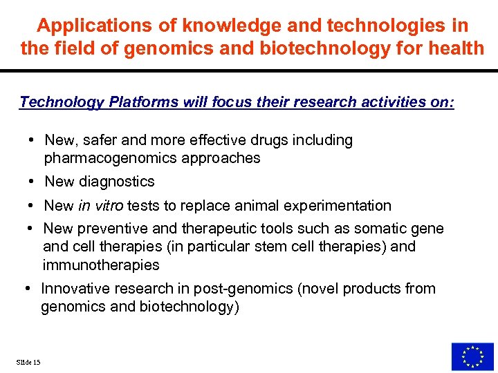Applications of knowledge and technologies in the field of genomics and biotechnology for health
