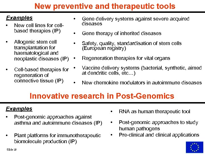 New preventive and therapeutic tools Examples • • • New cell lines for cellbased