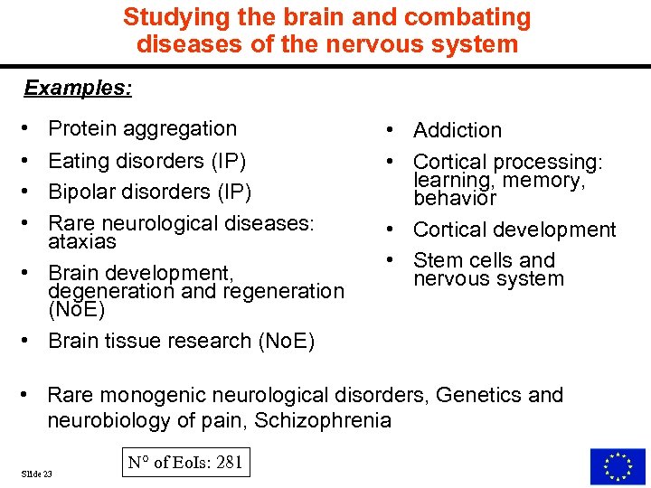 Studying the brain and combating diseases of the nervous system Examples: • • Protein