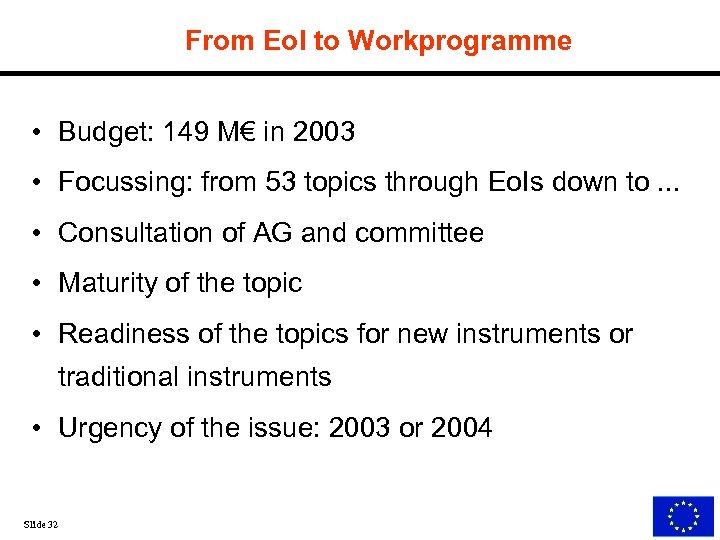 From Eo. I to Workprogramme • Budget: 149 M€ in 2003 • Focussing: from