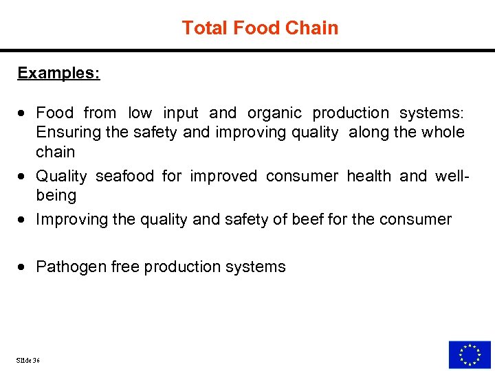 Total Food Chain Examples: · Food from low input and organic production systems: Ensuring