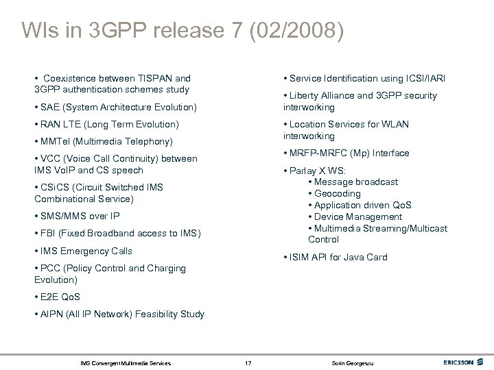 WIs in 3 GPP release 7 (02/2008) • Coexistence between TISPAN and 3 GPP
