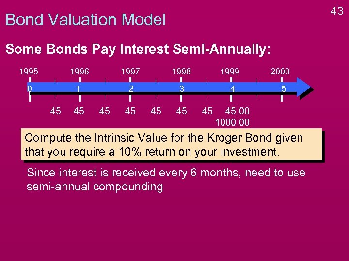 43 Bond Valuation Model Some Bonds Pay Interest Semi-Annually: 1995 1996 1997 1998 0