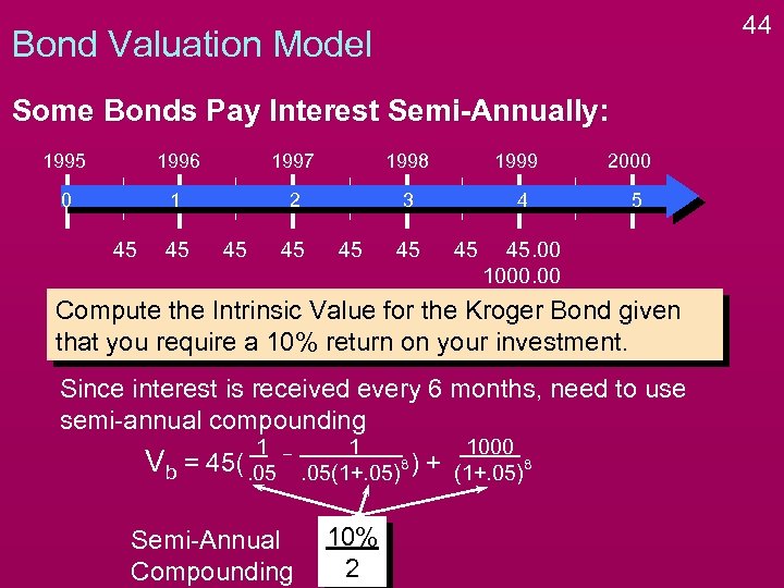 44 Bond Valuation Model Some Bonds Pay Interest Semi-Annually: 1995 1996 1997 1998 0