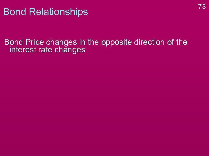 Bond Relationships Bond Price changes in the opposite direction of the interest rate changes