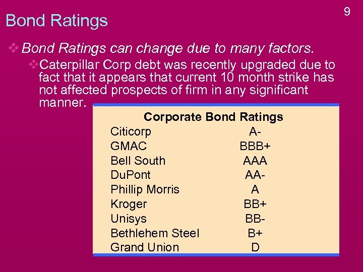 9 Bond Ratings v Bond Ratings can change due to many factors. v. Caterpillar