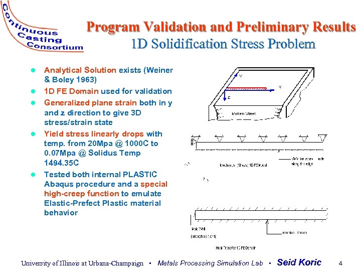 Program Validation and Preliminary Results 1 D Solidification Stress Problem l l l Analytical