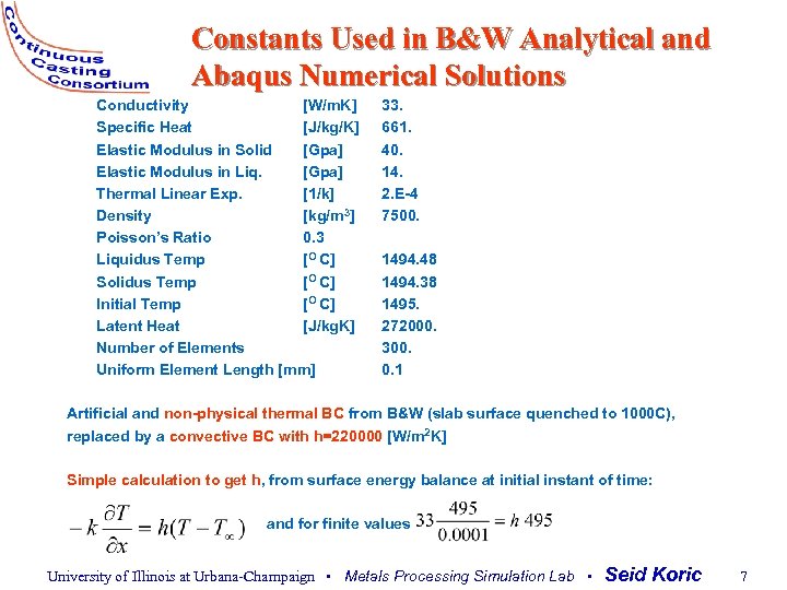 Constants Used in B&W Analytical and Abaqus Numerical Solutions Conductivity [W/m. K] Specific Heat