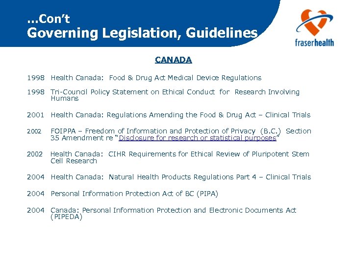 …Con’t Governing Legislation, Guidelines CANADA 1998 Health Canada: Food & Drug Act Medical Device