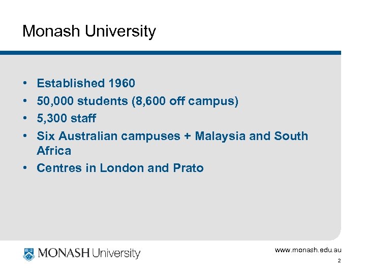 Monash University • • Established 1960 50, 000 students (8, 600 off campus) 5,