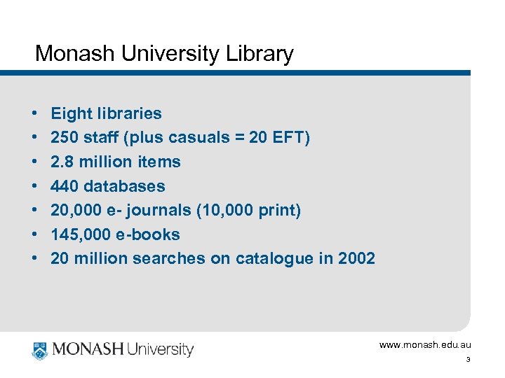 Monash University Library • • Eight libraries 250 staff (plus casuals = 20 EFT)