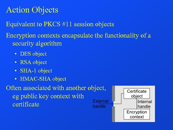 Action Objects Equivalent to PKCS #11 session objects Encryption contexts encapsulate the functionality of