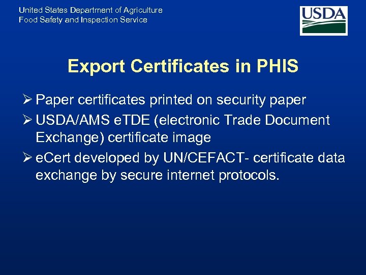 United States Department of Agriculture Food Safety and Inspection Service Export Certificates in PHIS