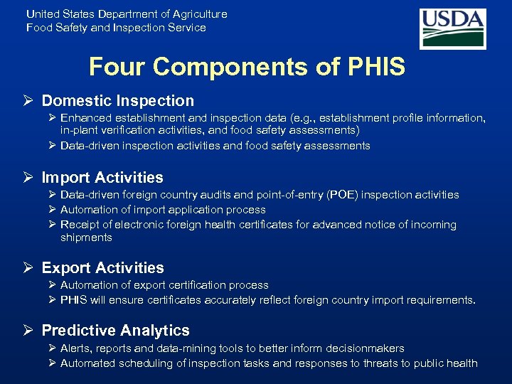 United States Department of Agriculture Food Safety and Inspection Service Four Components of PHIS