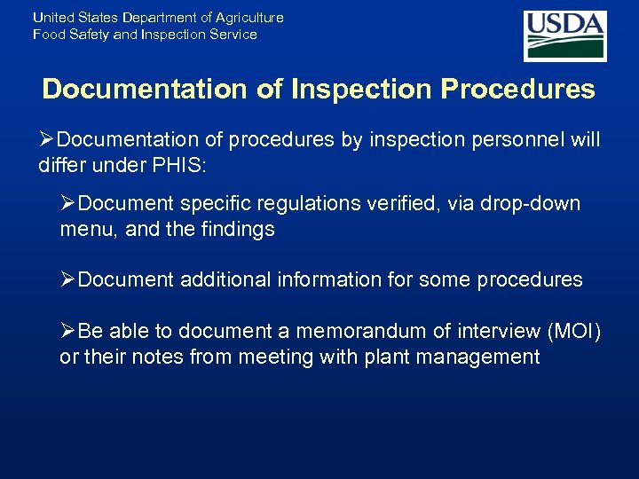 United States Department of Agriculture Food Safety and Inspection Service Documentation of Inspection Procedures