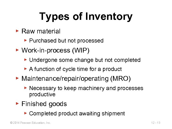 Types of Inventory ▶ Raw material ▶ Purchased but not processed ▶ Work-in-process (WIP)