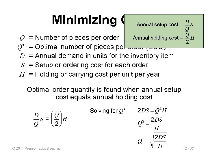 Minimizing Costs Q Q* D S H = Number of pieces per order =