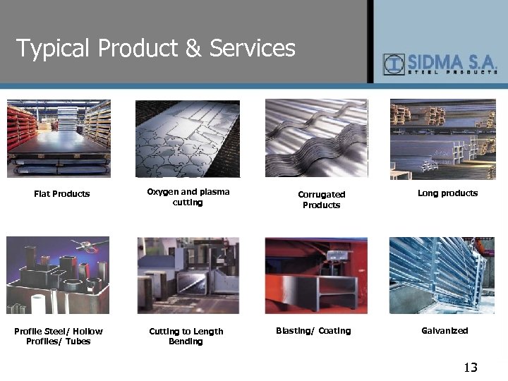 Typical Product & Services Flat Products Profile Steel/ Hollow Profiles/ Tubes Oxygen and plasma