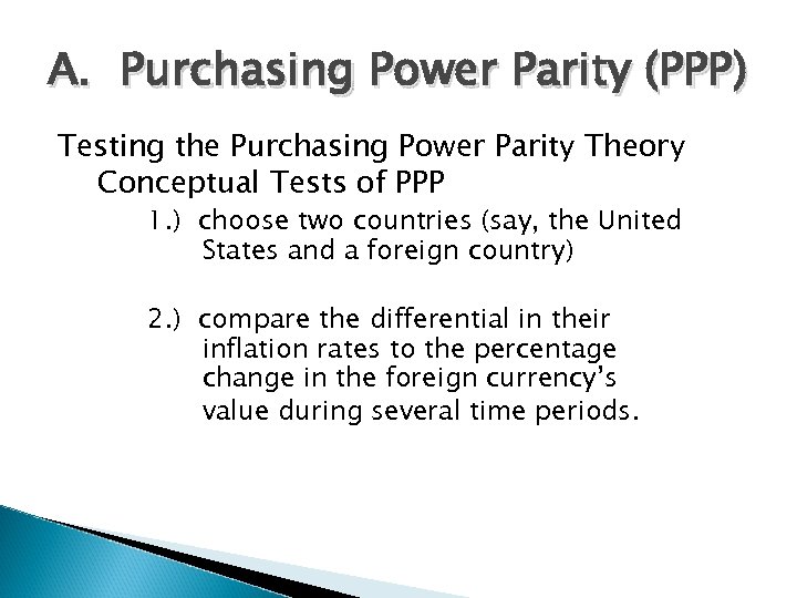 A. Purchasing Power Parity (PPP) Testing the Purchasing Power Parity Theory Conceptual Tests of