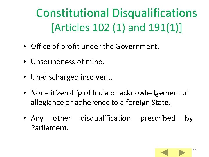 Constitutional Disqualifications [Articles 102 (1) and 191(1)] • Office of profit under the Government.