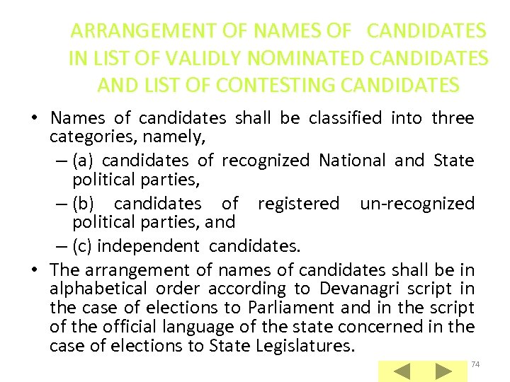 ARRANGEMENT OF NAMES OF CANDIDATES IN LIST OF VALIDLY NOMINATED CANDIDATES AND LIST OF
