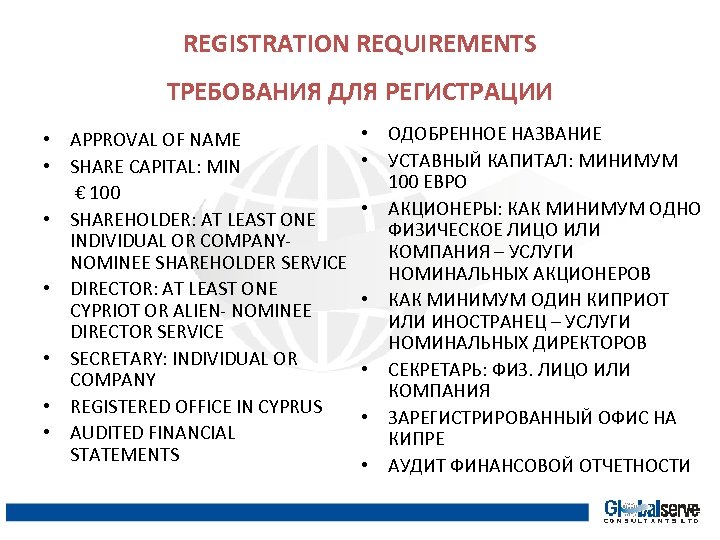 REGISTRATION REQUIREMENTS ТРЕБОВАНИЯ ДЛЯ РЕГИСТРАЦИИ • APPROVAL OF NAME • SHARE CAPITAL: MIN €