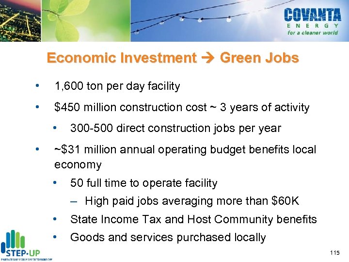 Economic Investment Green Jobs • 1, 600 ton per day facility • $450 million
