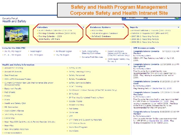 Safety and Health Program Management Corporate Safety and Health Intranet Site 