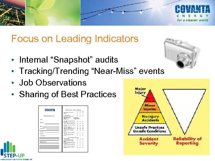 Focus on Leading Indicators • • Internal “Snapshot” audits Tracking/Trending “Near-Miss” events Job Observations
