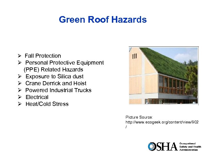 Green Roof Hazards Ø Fall Protection Ø Personal Protective Equipment (PPE) Related Hazards Ø