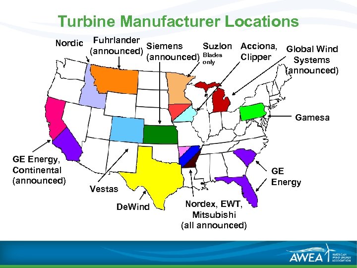 Turbine Manufacturer Locations Nordic Fuhrlander Siemens Suzlon Acciona, Global Wind (announced) Blades Clipper Systems