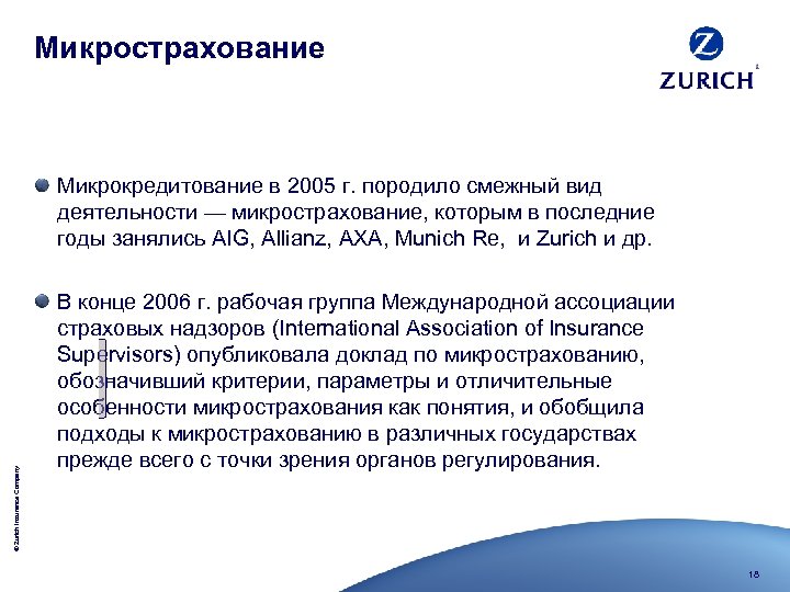 Микрострахование © Zurich Insurance Company Микрокредитование в 2005 г. породило смежный вид деятельности —