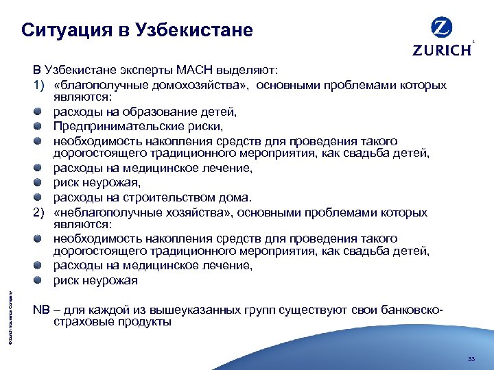 Ситуация в Узбекистане © Zurich Insurance Company В Узбекистане эксперты МАСН выделяют: 1) «благополучные