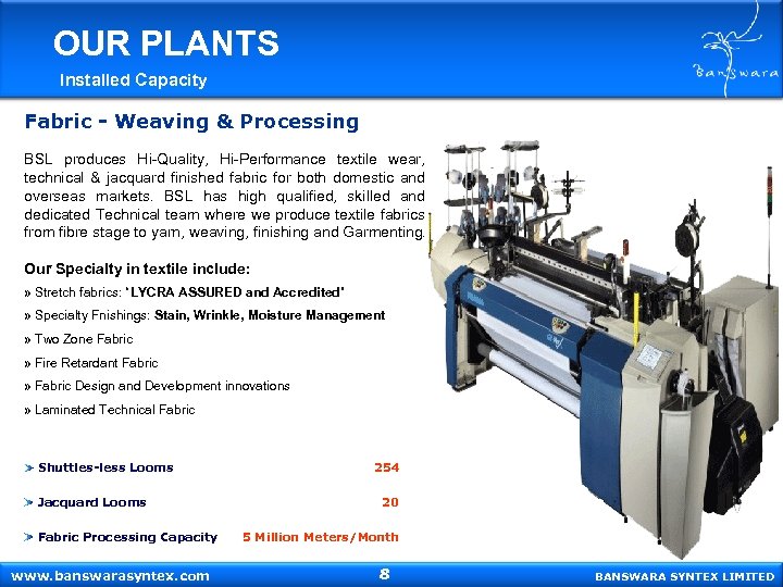 OUR PLANTS Installed Capacity Fabric - Weaving & Processing BSL produces Hi-Quality, Hi-Performance textile